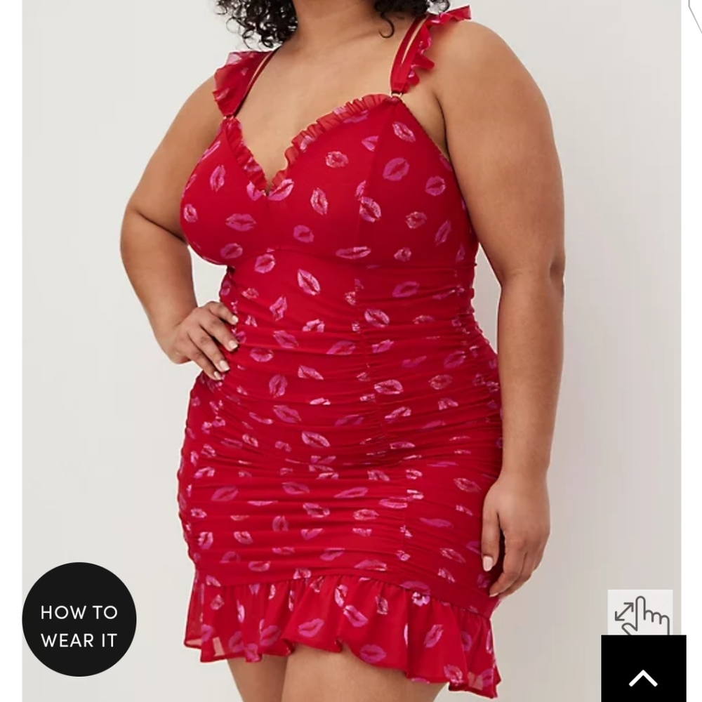 🆕💋1X LIPS RUFFLE MESH CHEMISE - RED💋